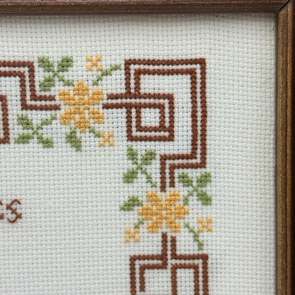 Vintage Framed Cross Stitch Give Thanks Sampler Folk Art Needlepoint Decor 13x15
